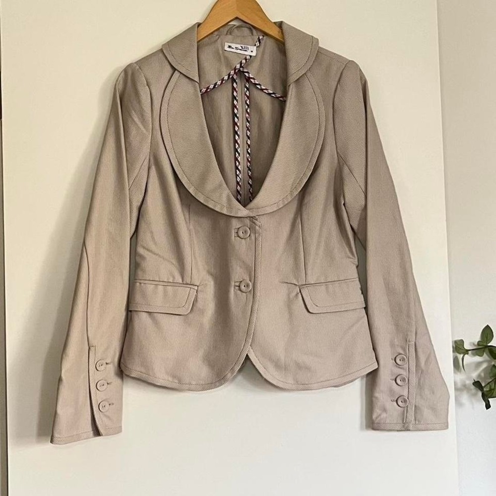Ben Sherman Beige Fitted Blazer – Plaid Trim – Retro Mod Style Jacket (M)